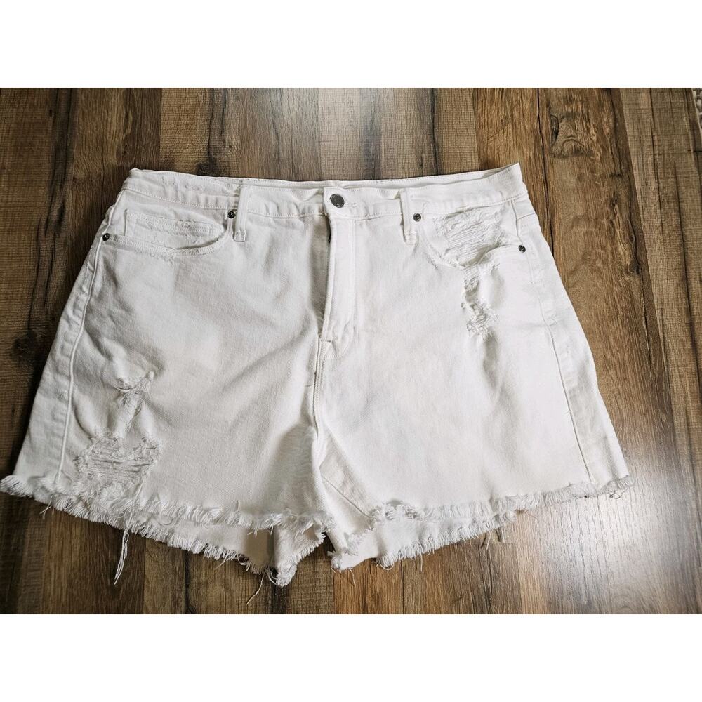 Good American White Denim Jean Shorts Raw Hem Women’s Size 15 Stretch Cut Off